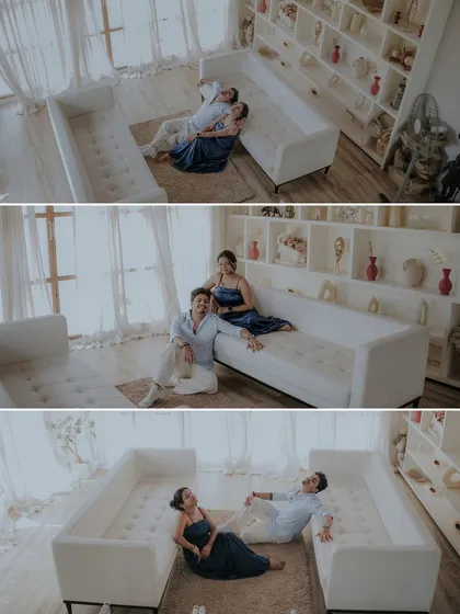 A triptych of moments in a modern studio. From a high-angle shot to playful interactions, this collage captures the couple's dynamic in a stylish setting.