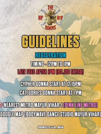 Clear event guidelines are essential for a smooth experience. This poster details registration times, cypher start times, and location info to help attendees plan their day.