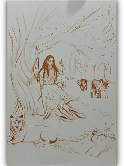 The initial sketch for the large Durga oil painting, showing the foundation of the final piece.