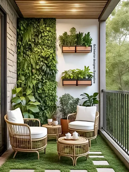 We transformed this apartment balcony into a serene green retreat. The design features a vertical garden wall, comfortable rattan seating, and artificial turf, creating a perfect urban oasis for relaxation.