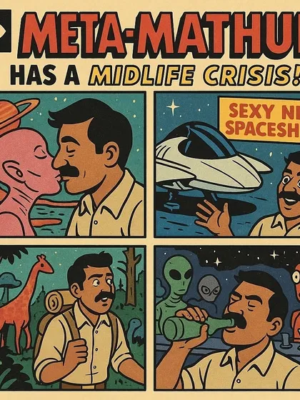 A comic strip from my 'Riyal Life' series, showing 'Meta-Mathur' having a midlife crisis. This highlights my humorous and satirical style, using a familiar comic format to comment on technology, space travel, and human nature.
