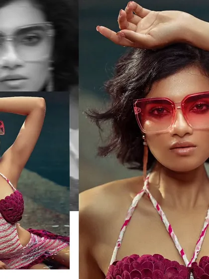 A creative collage for a Sananda swimwear editorial. The mix of a close-up with pink sunglasses and a full-body shot creates a dynamic and visually engaging layout.