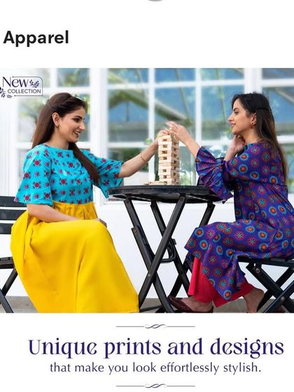 A lifestyle shot for the 'Ek By Ekta' apparel collection. The vibrant colors and unique prints of the outfits are the focus, styled to look effortlessly chic in a cafe setting.