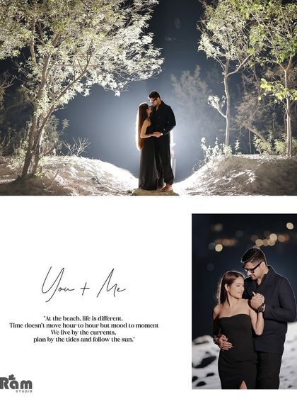 This layout combines different moods from a night shoot in nature. From a wide shot under backlit trees to a close-up with soft bokeh lights, it showcases a variety of romantic scenes.
