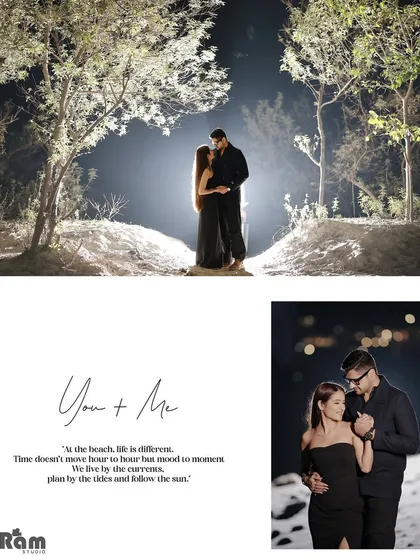 This layout combines different moods from a night shoot in nature. From a wide shot under backlit trees to a close-up with soft bokeh lights, it showcases a variety of romantic scenes.
