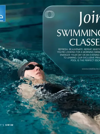 Our swimming classes offer a perfect escape to refresh and rejuvenate. This swimmer demonstrates the focus and grace you can achieve through our guided sessions in our exclusive private pool.
