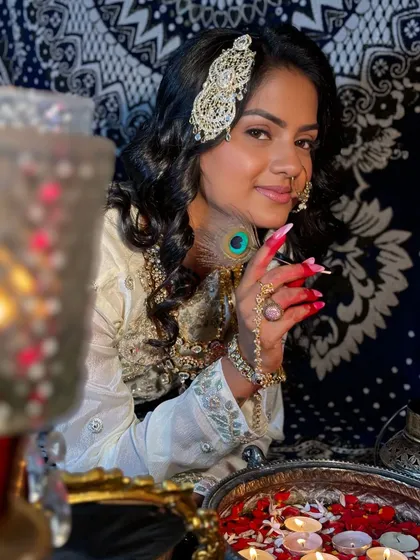 Inspired by the 'Heeramandi' series, we recreated the look of Alamzeb. The decor, outfit, and jewelry were all curated by my team to bring this vision of old-world royalty to life.