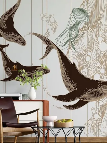 This mockup shows an elegant line-art wallpaper featuring whales and jellyfish on a light background. The delicate, flowing lines create a sense of movement and artistry.