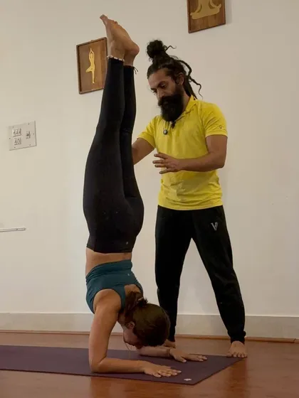 Receiving an adjustment in Pincha Mayurasana (Feathered Peacock Pose) from a teacher in Mysore. I am a lifelong student, and I cherish these opportunities to learn and refine my own practice.
