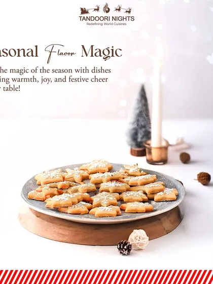 Experience seasonal flavor magic with our Christmas catering. A platter of star-shaped cookies brings warmth, joy, and festive cheer to your holiday table.