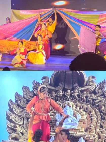 A collage showing two distinct moments from a grand production. The top half shows the colorful pageantry of our textile-themed show, while the bottom half depicts a powerful mythological scene.