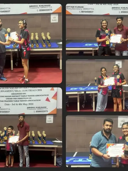 A collage capturing the many victories of our players at the Gautam Buddh Nagar District Championship, from our youngest U-11 champion to our triple-crown winner.