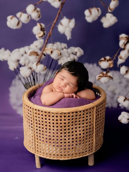 A different angle of the purple cotton theme, showing the newborn's sweet sleeping face as they rest in the stylish basket.