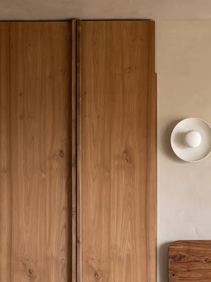 Craftsmanship is at the core of our work. This detail shows the custom teak wood wardrobe and joinery from a Mumbai apartment, where we used precise techniques like mitre and half-lap joints to ensure every bespoke piece is both beautiful and built to last.