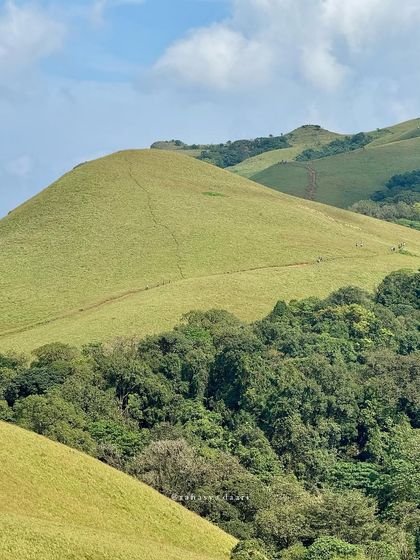 A wide view of the trekking path winding through the green hills.