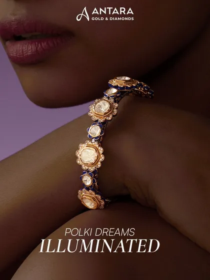 I call this design wrist poetry. This Polki kada features floral halos of blossom-set uncut diamonds, threaded with blue-enamel rosettes, creating an illuminated, dream-bright effect.