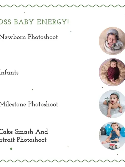 This graphic details my services for babies, from Newborn and Infant sessions to Milestone and Cake Smash photoshoots.
