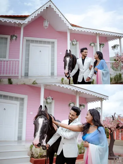 A collage capturing the fairytale charm of Tanvi and Cyrus's pre-wedding shoot, complete with a beautiful horse and a picturesque pink house.