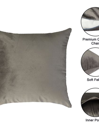 This infographic for a grey cushion points out its premium quality chain, soft fabric, and inner pocket, showcasing features that might otherwise be missed.