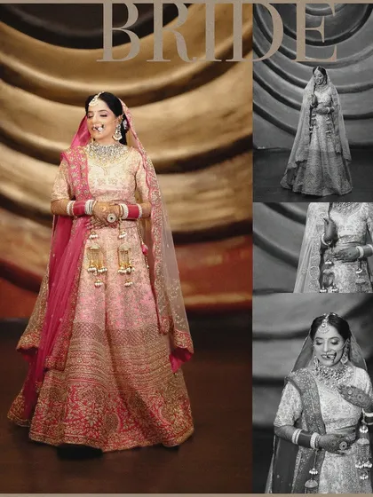 A beautiful bridal portrait collage, with a stunning full-length shot in color and artistic black and white close-ups, showcasing the bride's entire look.