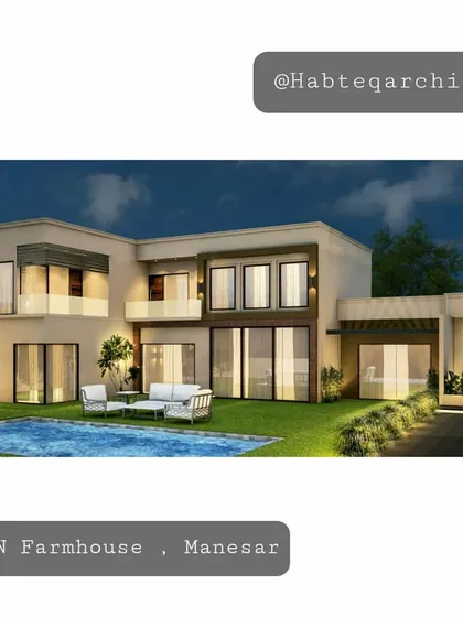 Another render of the Manesar farmhouse project, highlighting the building's modern, block-like volumes and the warm glow of the exterior lighting at dusk.