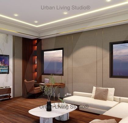 Another view of the Saket lounge concept, showing the integration of a functional workspace. This illustrates how we design multi-purpose rooms that are both beautiful and practical for modern living.