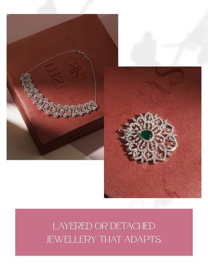 A graphic showcasing the concept of layered or detached jewellery that adapts. It features the Diamond Willow necklace and its detachable emerald pendant, emphasizing my design philosophy.