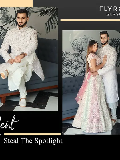 Skip the hassle and rent the perfect bridal and groomswear. This couple looks regal in their coordinated white and pastel outfits.
