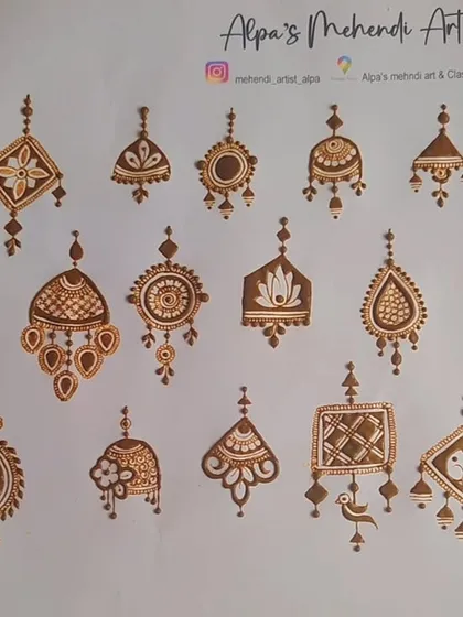 A practice sheet filled with various jhumka or earring style motifs. These jewelry-inspired designs are very popular for adding detail to bridal henna.