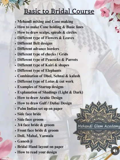 Here is a detailed look at everything covered in my Basic to Bridal course. From cone making to full bridal layouts, I provide a complete roadmap to becoming a skilled mehndi artist.