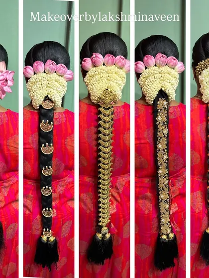 A beautiful display of various traditional South Indian bridal braids, decorated with lotus flowers, temple jewelry, and ribbons.