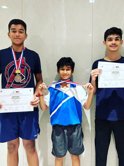 Celebrating wins at the Mumbai Inter-school MSSA 2023 tournament, with Aakarshan Yadav securing gold and Ryan Hooda taking silver.