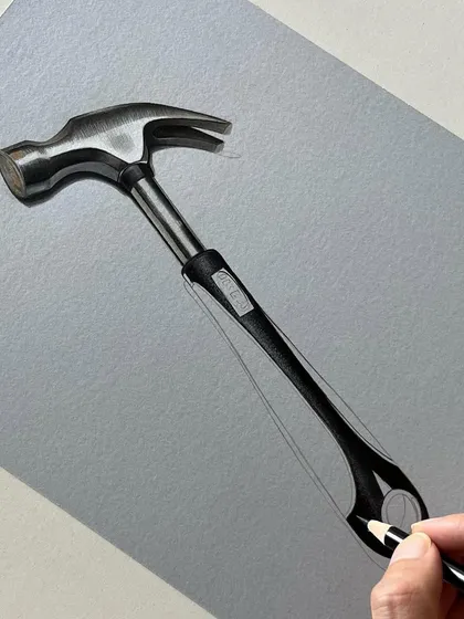 A look at a work in progress. You can see how I build up layers of color and shadow to create the realistic metallic texture of this hammer, starting from a simple outline.