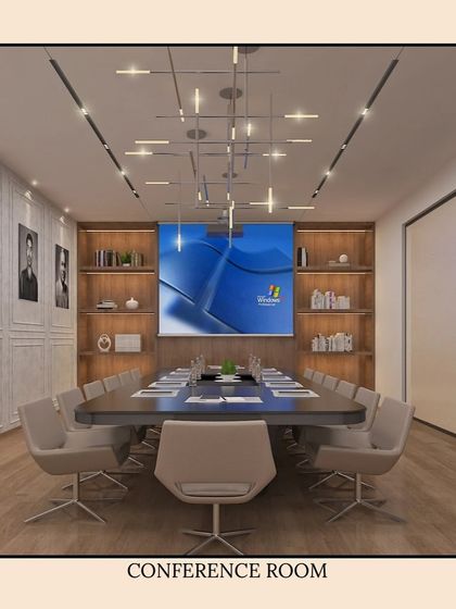 A 3D render of the conference room designed for Jharkhand Bhawan in Vashi. The design incorporates formal elements like wall paneling and linear lighting with warm wooden bookshelves to create a dignified and functional meeting space.