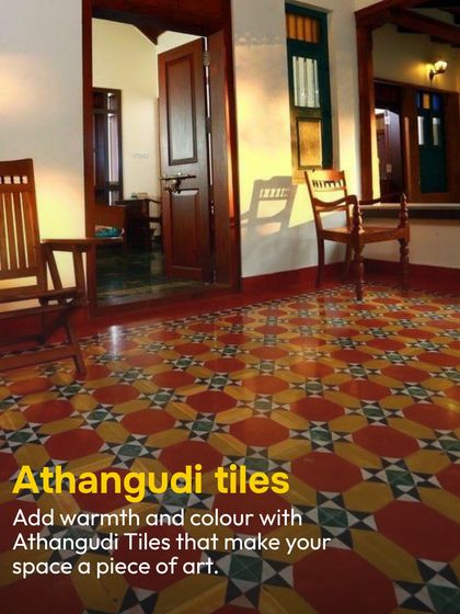 Adding warmth and color is easy with Athangudi tiles. This floor, with its vibrant geometric pattern, turns the entire space into a piece of art, grounding the room in Chettinad's rich heritage.