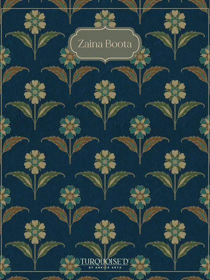 A detailed look at the Zaina Boota wallpaper. This pattern features individual floral 'bootas' or motifs arranged in a repeating pattern against a rich blue, textured background, echoing the classic style of Kashmiri textiles.