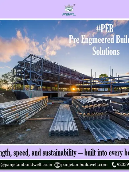 Strength, speed, and sustainability are built into every beam. This image of a PEB site at sunset captures the scale of our operations and the robust steel framework that forms the backbone of our buildings.