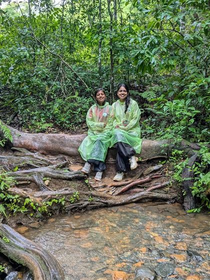Two friends resting on a fallen log over a stream, surrounded by the dense greenery of the Netravathi trail.