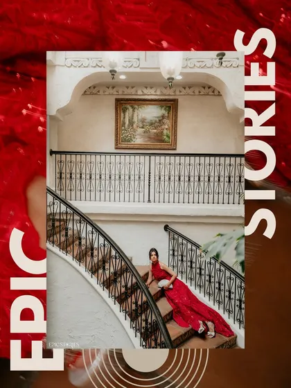 A creative and stylish shot of Shifa at her wedding in Austin, USA. The graphic overlay and bold red tones give this image a modern, magazine-like feel, showcasing a different side of wedding photography.