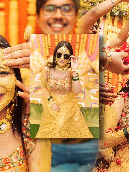 This collage shows the fun side of the bride, posing with sunglasses during her Haldi. We encourage couples to be themselves and capture their personalities.