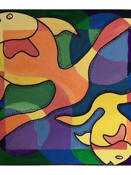 A design featuring fish, created for the elementary grade exam. This abstract piece shows a good understanding of colour theory and composition.