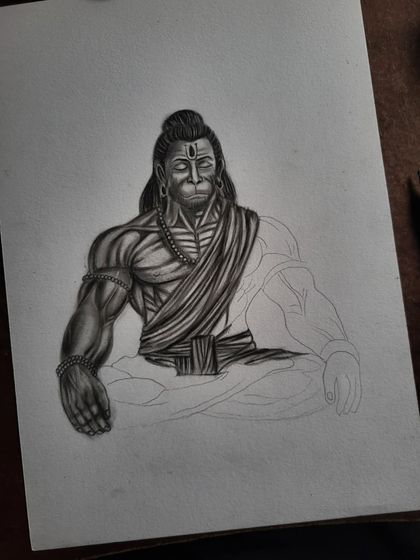 A work-in-progress shot of the Hanuman sketch, showing one side fully rendered to highlight the contrast with the initial outline.