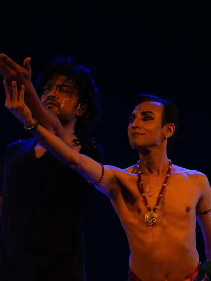 Exploring the fusion of Bharatanatyam and contemporary dance in 'Tatsama Tadbhava'. This collaboration allowed us to delve into the dualities of human nature, blending traditional abhinaya with modern movement.