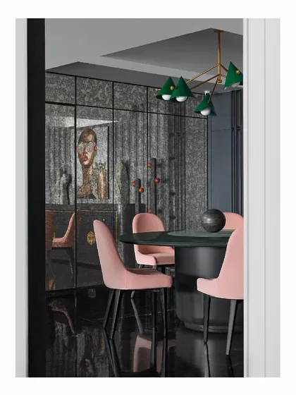 For this dining space, we designed a large, monolith-shaped round table to anchor the room. Paired with soft pink chairs and a custom olive green leather chandelier, the entire setting is reflected in an antique mirror wall, creating a sense of depth and luxury.