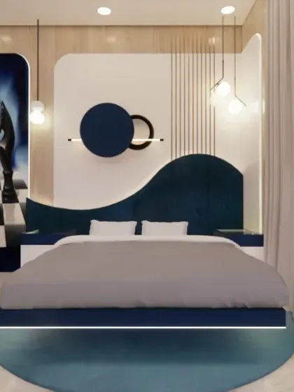 A kids' room with a bold, chess-themed design, featuring a unique curved headboard and a blue and white color scheme.