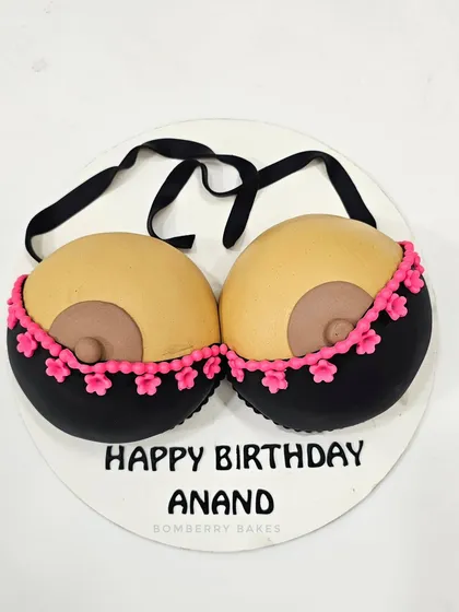 Another view of the humorous bra cake for a bachelorette or adult birthday party.