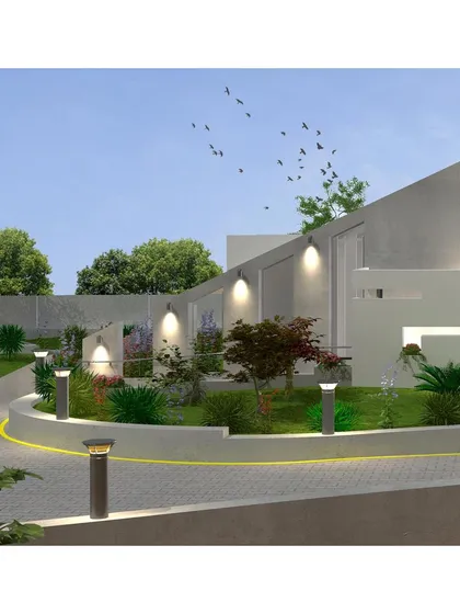 A daytime render showing the building nestled within its landscaped environment. The clean white undertones of the structure contrast with the vibrant greenery, creating a fresh and pure aesthetic that blends with the natural setting.