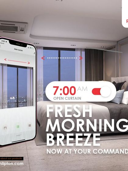A fresh morning breeze is now at your command. This graphic illustrates how you can use the app to schedule your curtains to open at a specific time, like 7:00 AM, to start your day.