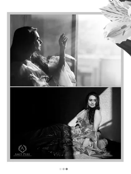 A collage of elegant black and white portraits of the bride. The play of light and shadow through the window creates a timeless, classic, and soulful series of images.