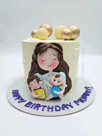 A sweet "Happy Birthday Mommy" cake with a beautiful 2D illustration of a mother holding her two children.